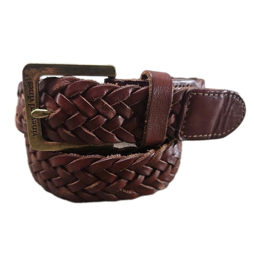 Vineyard Vines Brown Woven Leather Belt Men's 30 Brass Buckle
